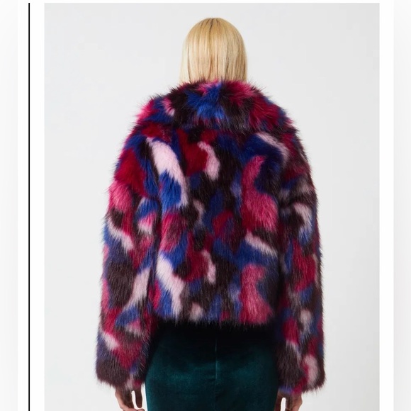 FRENCH CONNECTION Multi-Color Faux Fur Cropped Jacket - Pink, Blue & Wine - Picture 3 of 6